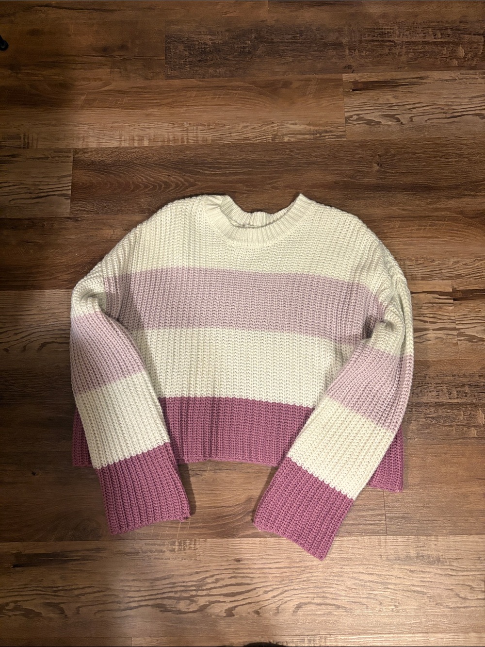 moon & madison Cream and Pink Striped Cropped Crew Sweater